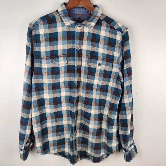 Woolrich Shirt Mens Large Blue Brown Plaid Flannel 100% Cotton Button Front - Picture 2 of 11